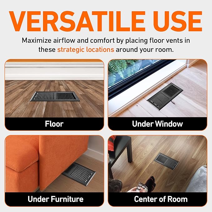 2X10 Floor Vent Covers Floor Register with Mesh Cover Trap, Heat and Air, Walkable Metal Floor Vent for HVAC Duct, Contemporary, Matte Black