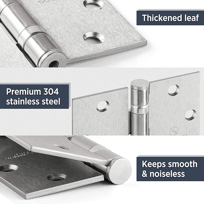 304 Stainless Steel 4.5 Inch Commercial Hinges Brushed Satin Nickel Ball Bearing Doors Hinges Square Corners Interior and Exterior Door Hinges- 3 Pack