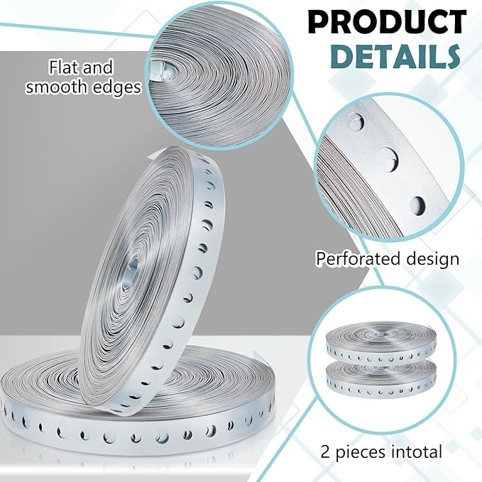 Gisafai 4 Rolls Galvanized Metal Pipe Strap 3/4 Inch x 100ft 24 Gauge Bendable Plumbers Pipe Hanger Strapping with Holes for Supports Flexible Trimming
