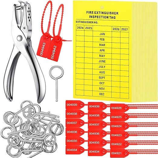 Chunful Fire Extinguisher Inspection Tags Set Including 2025-2028 Maintenance Plastic Tamper Seals Fire Extinguisher Pull Pins Numbered Security Tags with Handheld Hole Puncher(151 Pieces)