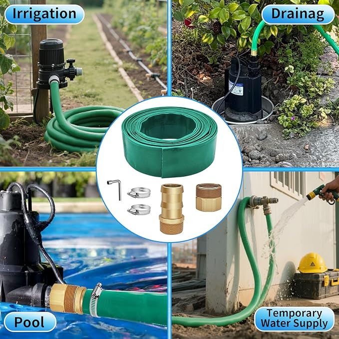 25FT Pool Backwash Hose Kit, 1.5" Lay-Flat Pool Hose Set, 25FT Discharge Pipe Hose for Pool, 1.25" Sump Pump Discharge Hose with 1-1/2" Barb and 1-1/4"FPT Pump Adapters