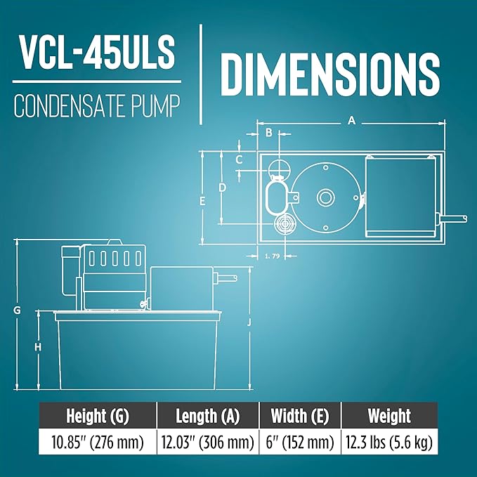 Little Giant VCL-45ULS 115 Volt, 1/5 HP, 450 GPH, Automatic Condensate Removal Pump with 1-Gallon Tank and Safety Switch, 6-Ft. Cord, Black, 553240