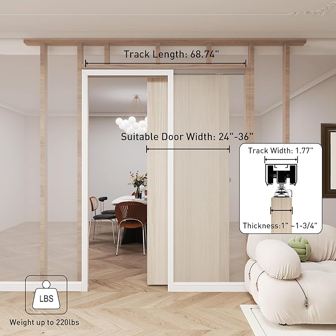 JUBEST 6FT Pocket Door Kit, Commercial Grade Sliding Pocket Door Hardware Kit, Aluminum Box Track 68.75", for Door 24"~36" Wide, 1"~1.75" Thickness, Black, Easy to Install, Modern Style