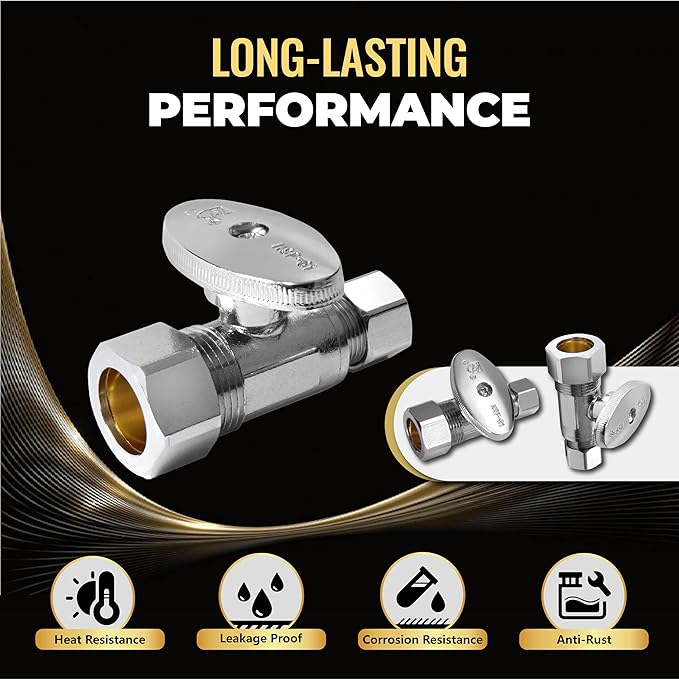 50-Pack Foskan 1/4 Turn Compression Straight Shut off Valve,Straight Stop Valve 1/2" NOM (5/8" OD) x 3/8" OD,Chrome Plated Brass