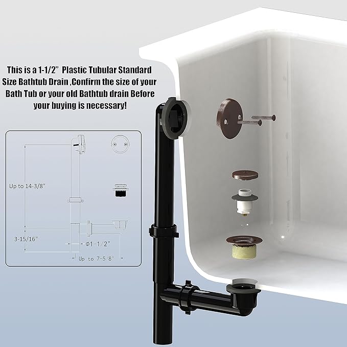 Artiwell 1-1/2" Black Tubular Bath Drain Kit with Tip-Toe Bath Drain Stopper, Touch-Toe Tub Drain, Tip Toe Bathtub Drain Waste and Overflow With Plug and Bathtub Overflow Drain Cover,Oil Rubbed Bronze