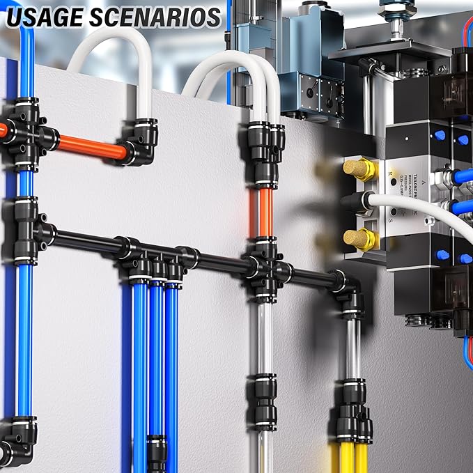 TAILONZ PNEUMATIC 1/4"3/8"1/2"1/8" Black Push to Connect Fittings Air Hose Fittings,Threaded Connection Kits, Suitable for Nylon Tube PU Tube Air Tube and Other Connection Kits（Pack of 58）