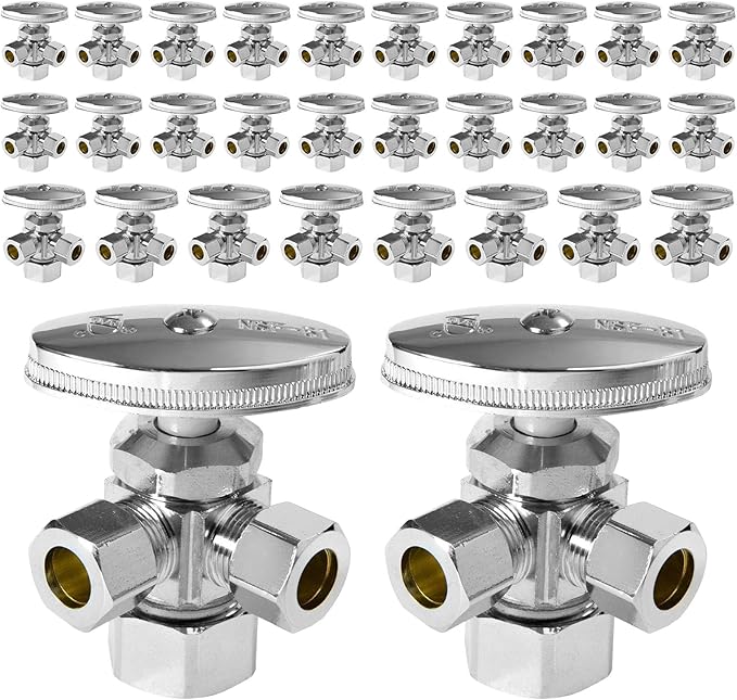 (Pack of 30) Seelink Multi-Turn Dual Outlet Angle Stop Valve, 1/2" NOM (5/8" OD) Inlet x 3/8" OD Outlet x 3/8" OD Outlet, Chrome Plated Brass