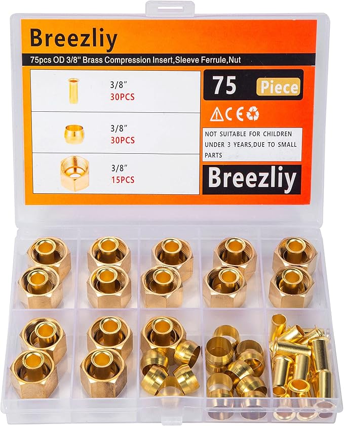 75pcs 3/8 Assortment Kit Brass Compression Sleeves Ferrules & Insert &Nuts