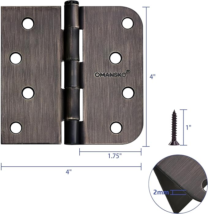 4 x 4 Inch Door Hinges for Wood, 18 Pack Oil Rubbed Bronze Door Hinges for Interior Doors Heavy Duty Hinges with Square and 5/8" Radius Corner