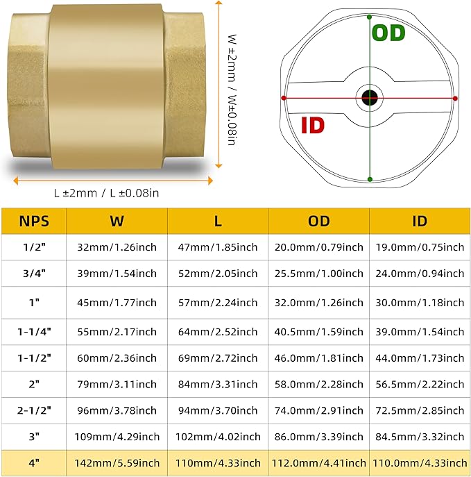 4" NPT Brass Vertical Check Valve, NPT Thread Vertical Lead-Free In-Line Spring Check Valve, Non Return One Way Counterflow Valve to Prevent the Medium Backflow for Oil Water Gas Air DN100