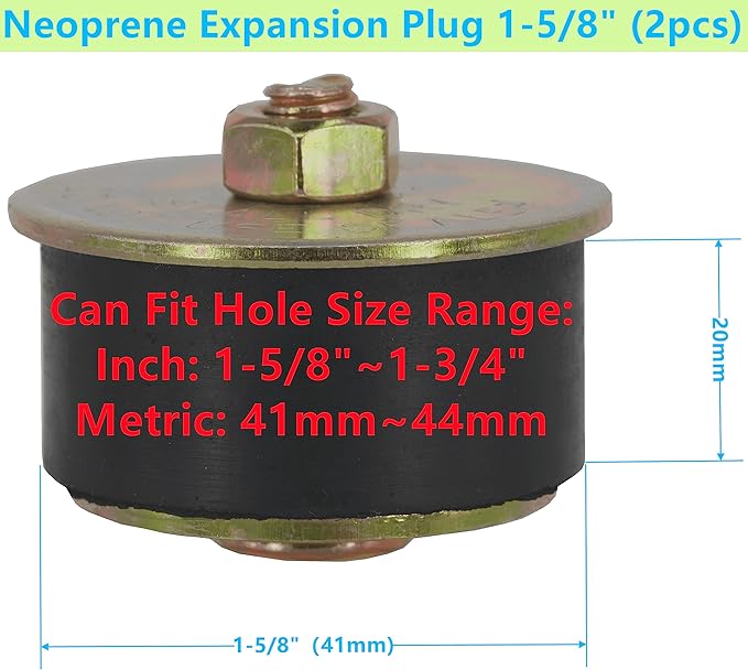 Rubber Expansion Plug (1-5/8 Inch to 1-3/4 Inch) 41mm - 44mm，2-Pack Neoprene Expansion Plug Replace Automotive Engine Expansion Plugs 58254, 570-010