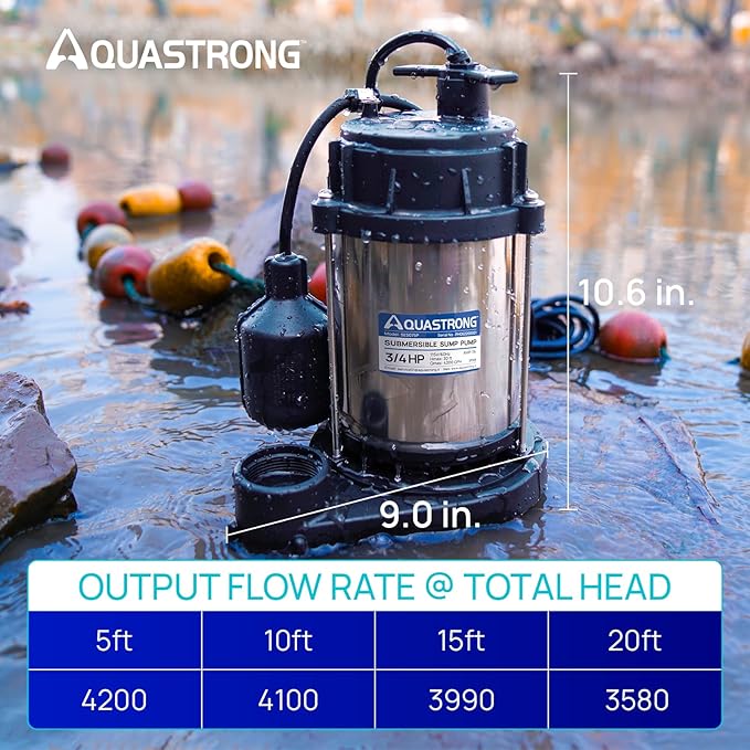 AQUASTRONG 3/4 HP Sump Pump, 4200 GPH Stainless Steel and Thermoplastic Submersible Water Pump, Automatic Float Switch with Piggy-back Plug,1-1/2" NPT Discharge Subpumps for Basement and Flooding Area