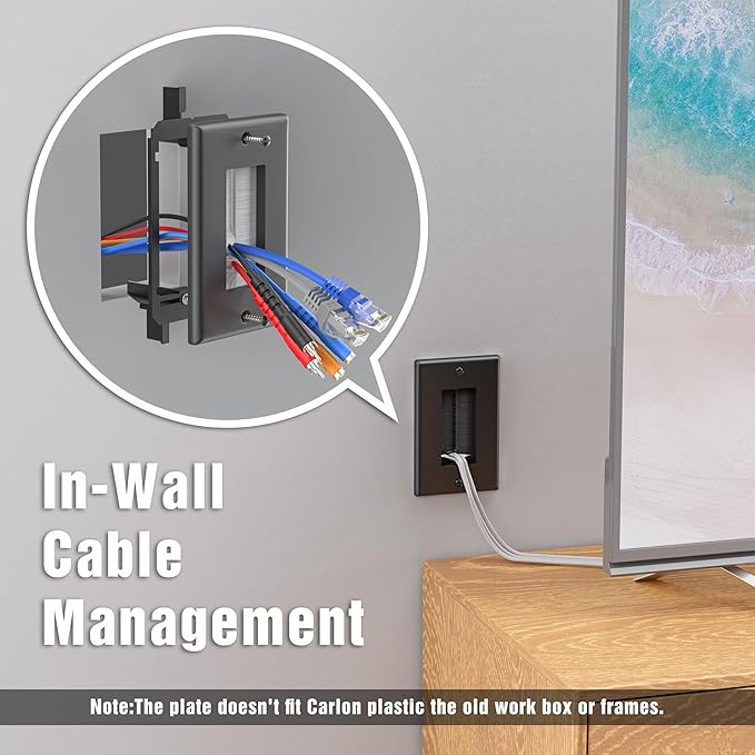 FGB 10 Pack Brush Wall Plate with Low Voltage Mounting Bracket, Cable Pass Through Insert for Wires, Single Gang Cable Access Strap, Wall Socket for HDTV, Home Theater Systems - Black
