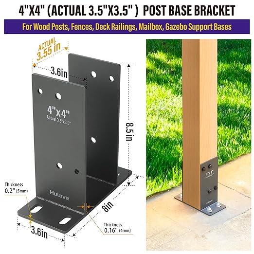 Hulave 1 Pack Stainless Steel 4" x 4" (Actual: 3.5" x 3.5") Post Base, Suitable for Terrace Railing, Fence, Mailbox, Gazebo, Porch, etc Concrete Support Anchor Base Post Anchor Bracket (Dark Gray)