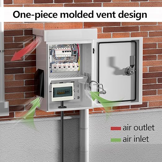 Outdoor Electrical Box with Thermostat and Fan, Cold-Rolled Steel Plate, Aluminum Alloy Back Beam, One-Piece Ventilation Design, IP65 Waterproof, Wall/Pole Mounted. (17.7" x 13.7" x 7.9")