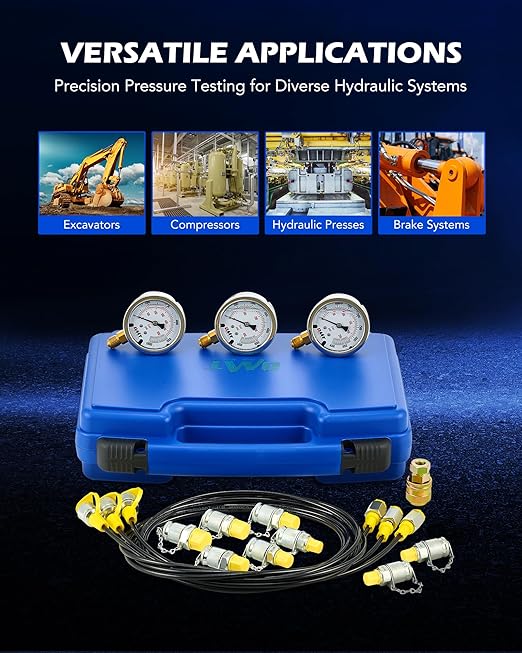Orion Motor Tech Hydraulic Pressure Test Kit with 3 Gauges 3500 5500 9000 psi, 8 Test Couplings, Quick Connector, & 3 Test Hoses, Hydraulic Gauge Kit for Excavator Construction Machinery