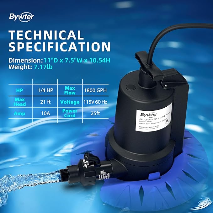 Pool Cover Pump, 1/4HP Automatic Swimming Pool Cover Pump, 1800 GPH Submersible Sump Pump with Check Valve Adapter for 3/4" & 1-1/4" Hoses and 25ft Power Cord, Water Removal for Pool Cover