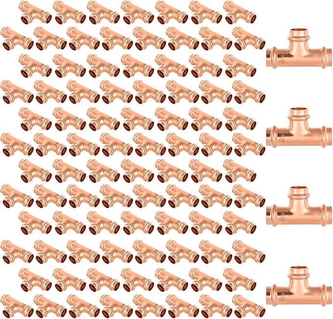 100-Pack GUOFIS Copper Press Tee,3/4" x 3/4"x 3/4" Tee Fittings for Copper Tube Connection with Stop(PRESS016-100PCS)