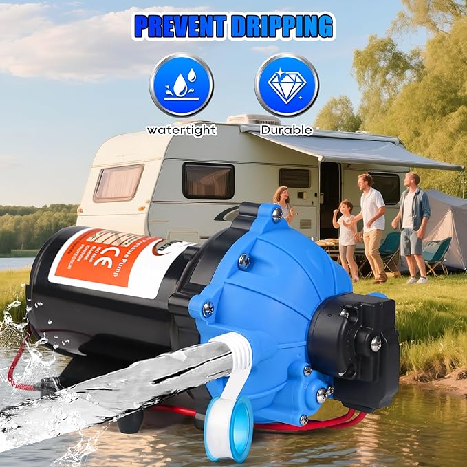 [Upgraded Version] 12V DC RV Fresh Water Pump, 7GPM 70PSI, Five Chamber Self-Priming Diaphragm Pump with Heavy Duty Pressure Switch & Strainer for RV, Marine, Yacht, Caravan, Camper