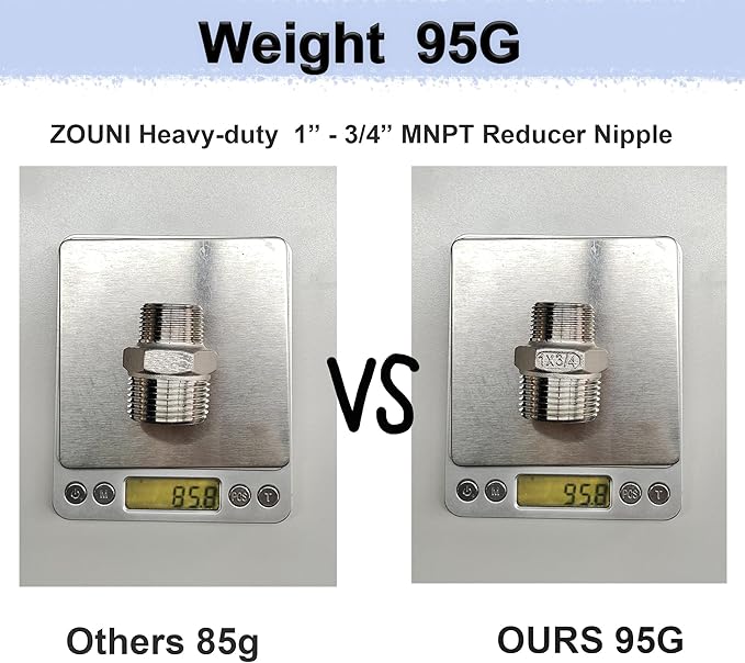 ZOUNI 2pcs Reducing Hex Nipple, 304 Stainless Steel 1" NPT Male x 3/4" NPT Male Pipe Fitting Reducer Nipple Adapter 2000psi Reducer Straight Connector (2pcs, 1"-3/4")