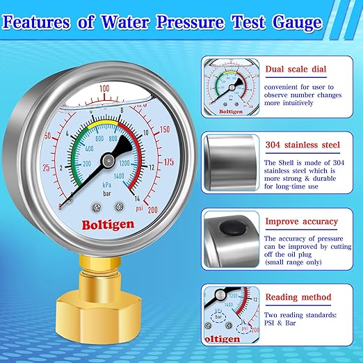 Water Pressure Gauge, 0-200 Psi Pressure Gauge Filled with Oil, 3/4" GHT Female Thread Water Pressure Test Gauge with 3 Adapters,for Home, Industrial, Garden Multiple Locations Pressure Test