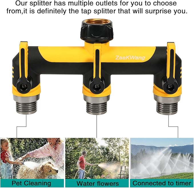 Full Flow Heavy Duty 3 Way Hose Splitter, Rugged Garden Faucet Adapter, Spout Diverter T - Way Adapter with Extended Handle, 3/4” GHT Thread, Yellow