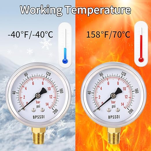 0-200 Psi Pressure Gauge, 2.5" Dial Size, 1/4" NPT Lower Mount, 304 Stainless Steel Case, Water Pressure Gauge Test for Pool Pump, Sand Filter, Air Compressor, Espresso(with Tape)