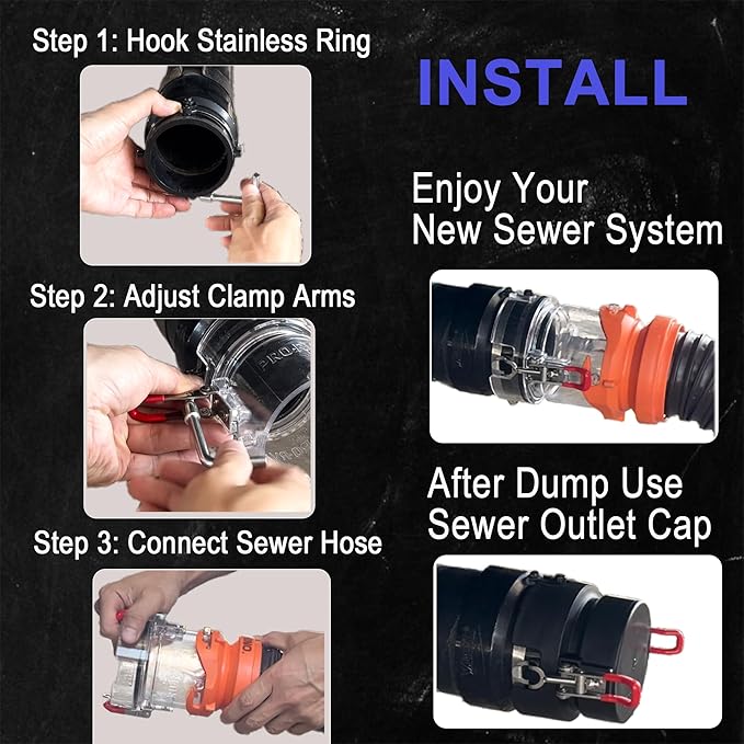 FULL SET RV Sewer Hose Connector – Patented Push-Lock + Clamp-Lock System, Leak-Proof Stainless Steel Adapter, One-Time Install, Quick Connect RV Waste Hose Fitting