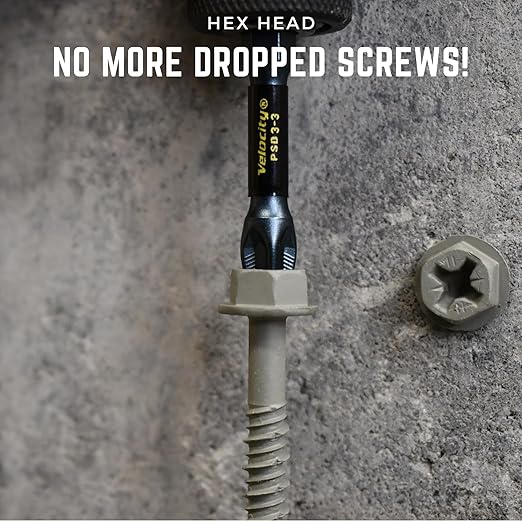 Velocity 2 1/4 Concrete Screws Set (Hex Head, 1/4") – Includes 12 High-Performance Masonry Screws PCS, Stick Tight Technology, 1 PSD ACR Drive Bit and 1 Carbide Concrete Drill Bit