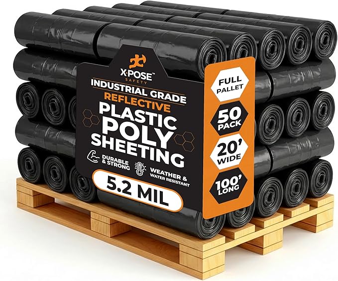 Xpose Safety Black Plastic Sheeting (Bulk Full Pallet 50 Pack) – 20' x 100' Rolls – Heavy Duty 5.2 Mil Poly Sheet – Waterproof, Dustproof, Vapor Barrier – for Construction, Painting, Industrial Use