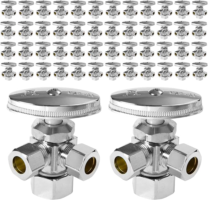 (Pack of 50) EFIELD Dual Compression Outlet Angle Stop Valve, Multi-Turn, 1/2" NOM (5/8" OD x 3/8" x 3/8") Chrome Plated,(VALVE060-50PCS)