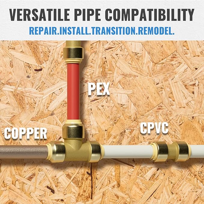 SUNGATOR Pushfit Plumbing Fitting Assortment 1/2 Inch, Straight Coupling (10 PCS), Tee (5 PCS), No Lead Brass Push to Connect Pex, Copper, CPVC, with A Disconnect Clip, Pack of 15
