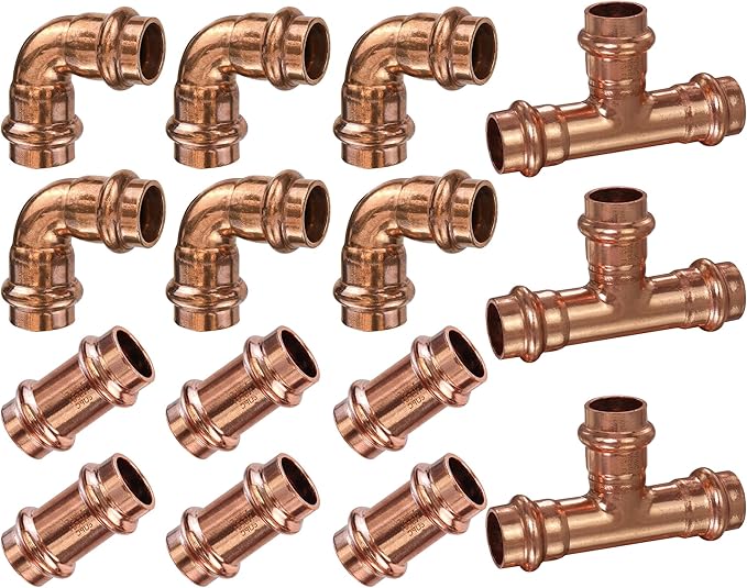 Copper Press Fittings 1/2inch Copper Coupling with Stop&Copper 90 degree Elbow with 1/2”PxP&1/2"Coppers Press Tee Fitting,6PKPress Fittings Coupling+6PK 90 Degree Elbow+3PK Coppers Tee Fitting,OD 5/8"