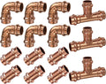 Copper Press Fittings 1/2inch Copper Coupling with Stop&Copper 90 degree Elbow with 1/2”PxP&1/2"Coppers Press Tee Fitting,6PKPress Fittings Coupling+6PK 90 Degree Elbow+3PK Coppers Tee Fitting,OD 5/8"