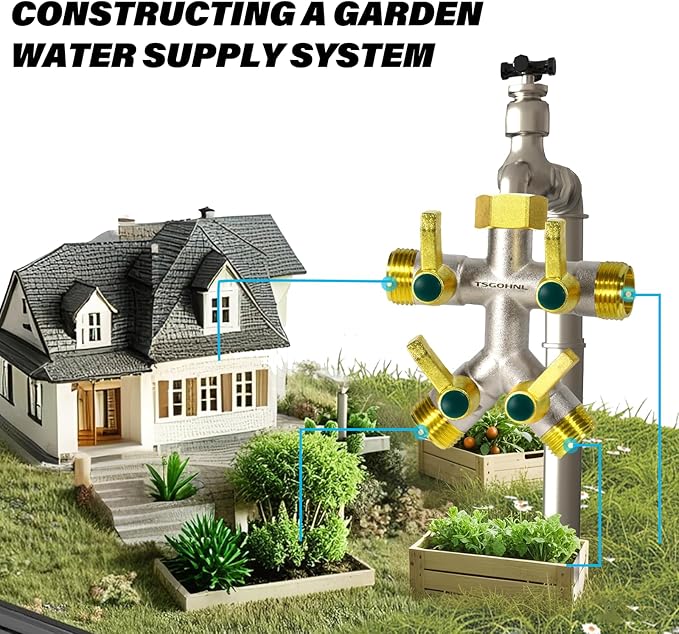 Heavy Duty Brass Garden Hose Splitter, Freeze and Sun Resistant Outdoor Faucet 4-Way Valve, Nickel Plated for Rust Resistance, 3/4” GHT (Gold)