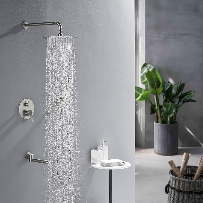 DASAN Tub Shower Faucets Sets Complete Bathtub Faucet Set Brushed Nickel Bathtub Shower System with Tub Spout, Bathroom Tub and Shower Faucet Combo Trim Kit with Rough-in Valve, DA-SS03BN-R10W