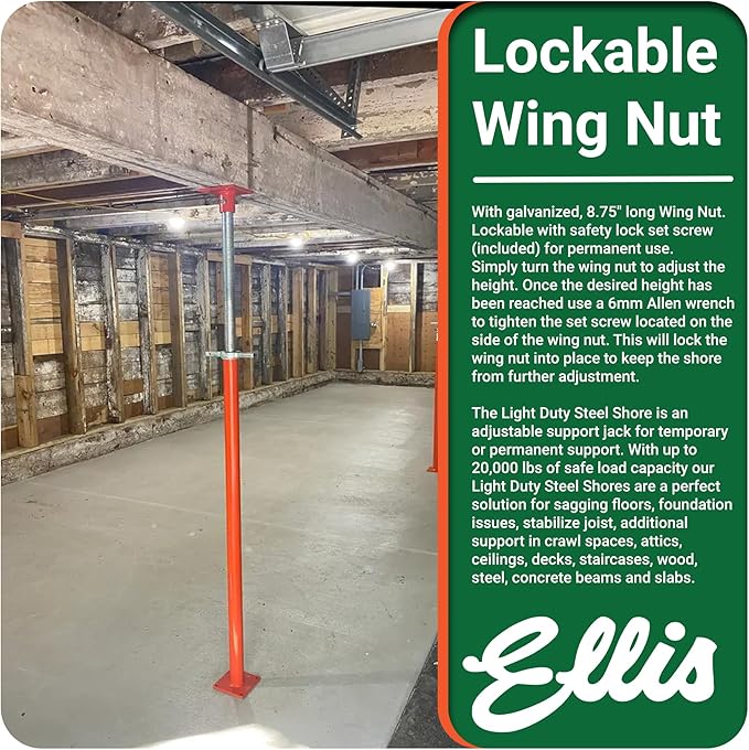 Ellis Manufacturing Light-Duty Steel Lifting Shore and Jack Post – House Jack for Foundation, Floor Leveling, and Concrete Bracing – 8,000 lb Safe Load Capacity – 61"-85" Adjustment