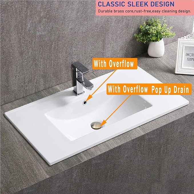Bathroom Pop Up Drain with Overflow, Bathroom Sink Push Pop Up Assembly Vessel Sink Drain with Overflow. (Brushed Gold)