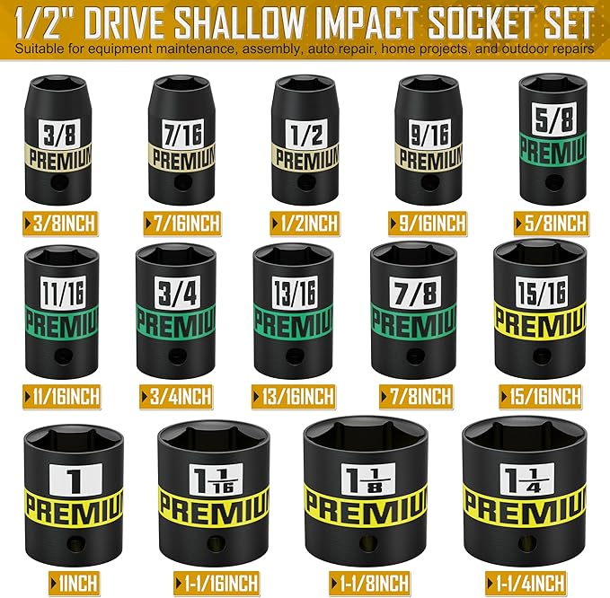 14-Piece 1/2" Drive Shallow Impact Socket Set, 3/8" to 1-1/4", Semi-Deep Sockets, Cr-V, Socket Set for Automotive and Home, SAE, 6 Point