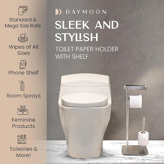 Day Moon™ Brushed Nickel Toilet Paper Holder Free Standing Toilet Paper Holder with Storage - Toilet Paper Stand and Tissue Holder for Bathroom - Toilet Paper Holder with Shelf and Wipe Holder
