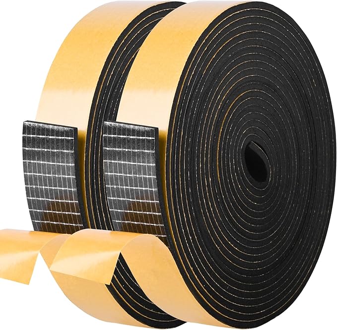 Kikerike Self Adhesive Foam Tape Weatherstrip 1in x 1/8in x 33Ft High Density Foam Insulation Strips Foam Seal Weather Stripping with Strong Adhesive for Door and Window Sound Isolation Soundproofing
