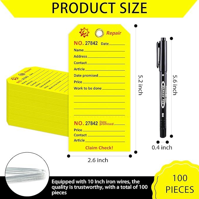 100 Pcs Repair Tags with Hole and Wire Maintenance Service Tags 2.6 x 5.25 Inch Numbered for Machinery & Office Service Tickets Equipment Maintenance Price Notice with Stub Yellow (100)