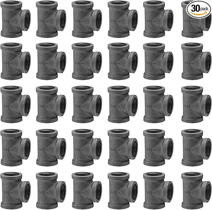 1/2" Pipe Fitting Tee, 30 Pack DN15 Threaded Cast Malleable Iron Tee for Steampunk Vintage Shelf Bracket DIY Plumbing Pipe Decor Furniture (30, 1/2")