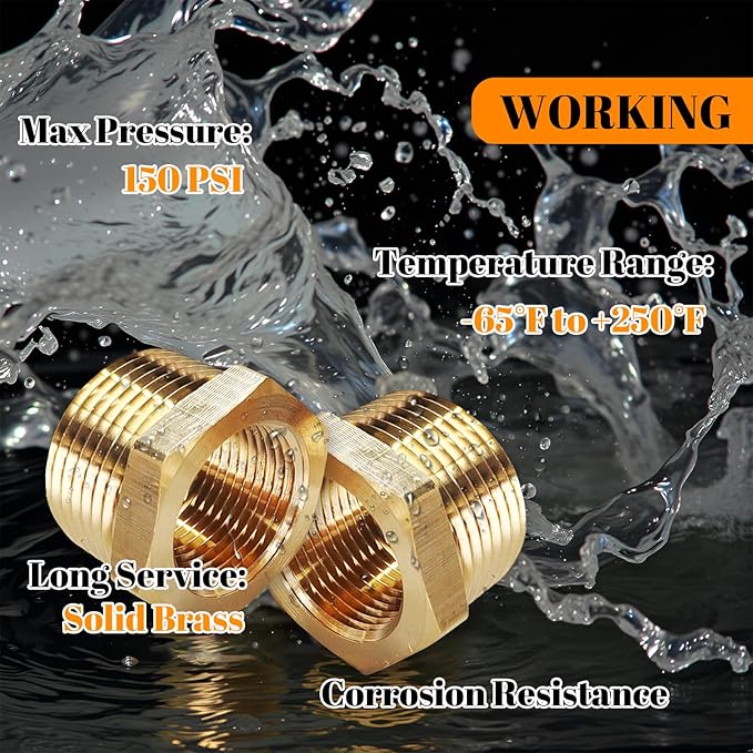 2 Pcs Brass Bushing 1" Male to 3/4" Female, 1" to 3/4" NPT Adapter Hex Brass Reducing Pipe Adapter Fitting Pipe Hose Tube Adapter Convert