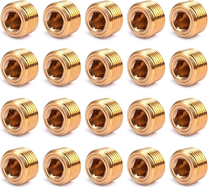 20PCS 1/4" NPT Male Pipe Plug Fitting Brass Hex Counter Sunk Plugs,Internal Hex Socket Thread Plug Kit