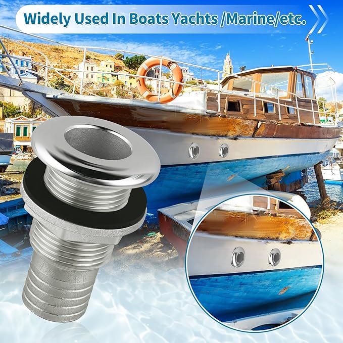 Thru Hull Fittings for Boats, Stainless Steel Yacht Through Hull Connecter with Straight Barb, Marine Barbed Hose Skin Fitting Drain for 3/4 inch I.D. Hose, 1 inch I.D. Hose