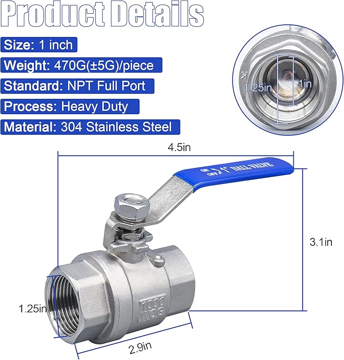 1 Inch Ball Valve, Premium Heavy Duty 304 Stainless Steel Full Port Forged NPT 1" Ball Valve for Water Oil and Gas with Long Handle Shut Off Switch, 1000 WOG (2 pieces, FNPT to FNPT)