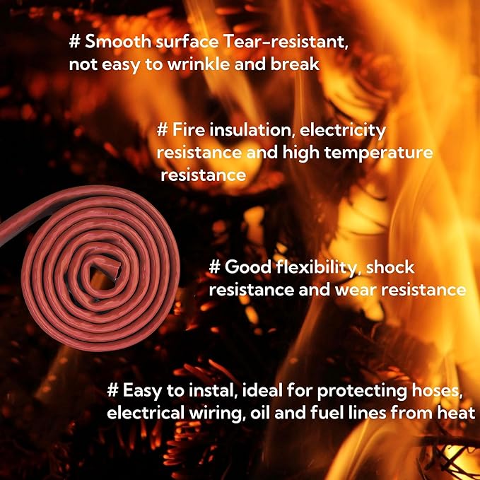 1"(25mm) ID Heat Shielded Fire Thermo Armor Fire Sleeve Silicone Coated Fiberglass for Automotive Hose Lines & Electrical Wiring Red, 5 feet