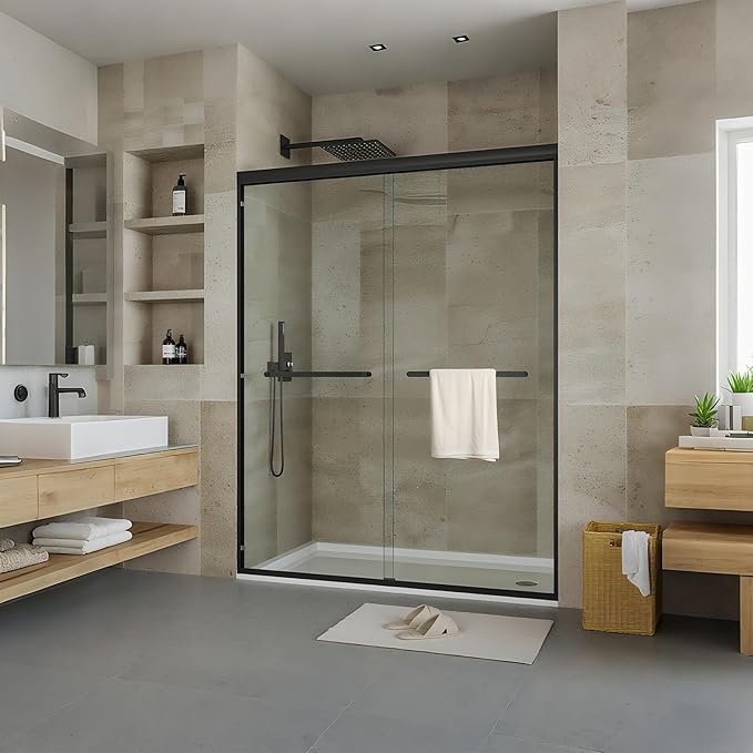 8mm Double Sliding Shower Door - 56 to 60 inch Adjustable Width x 72 inch Height - Space-Saving Bypass Shower Enclosure with Square Track Frame & Matte Black Finish