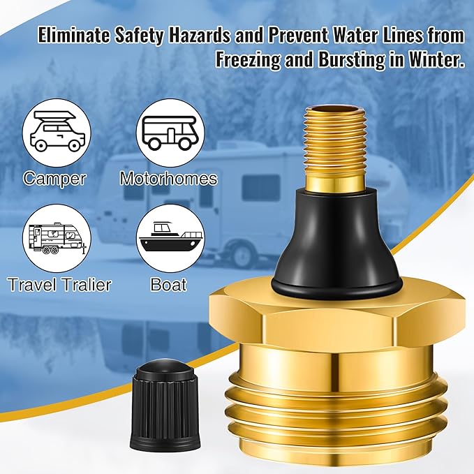 2 Pcs Brass Blow Out Plug for RV Antifreeze, Air Hose Compatible with Schrader Valve to Blow Out RV Water Lines, Winterization Valve for Campers, Motorhomes and Travel Trailers